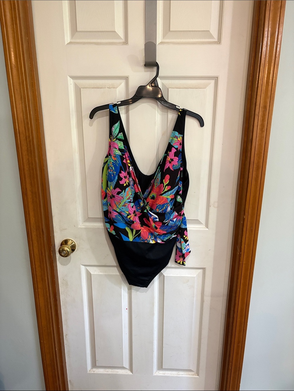 Floral Wrap-Front Black One-Piece Swimsuit